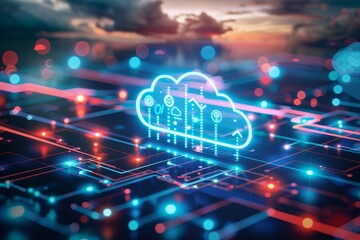 Glowing Cloud Icon Above Futuristic Circuit Board, Digital Transformation, Big Data Concept