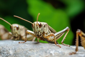 Fototapeta premium Macro photograph showcasing a detailed close-up of a grasshopper perched on a rock outdoors, with a blurred background highlighting its natural habitat.