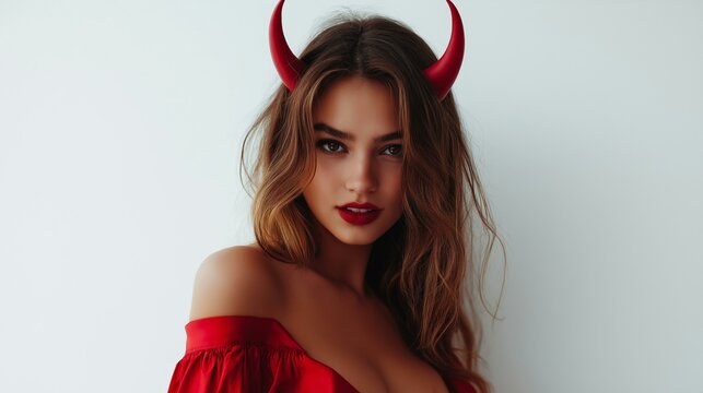 Portrait Of A Beautiful Woman Dressed As A Sexy Devil In Red With Devil Horns