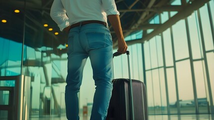 Fototapeta premium A man in jeans and white shirt stands with his hand on the suitcase, ready to leave for vacation at the airport