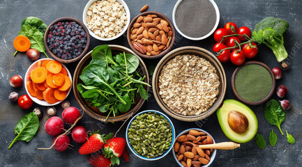  Healthy food selection with fruits, vegetables, seeds, superfood, cereals