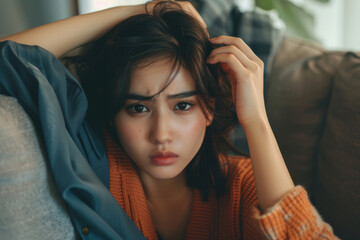 Fototapeta premium Young woman with a thoughtful expression, lying on a couch, in a cozy, intimate indoor setting.