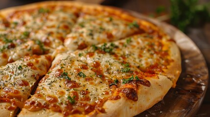 Close-up of a delicious homemade pizza with melted cheese and fresh toppings on a rustic wooden board