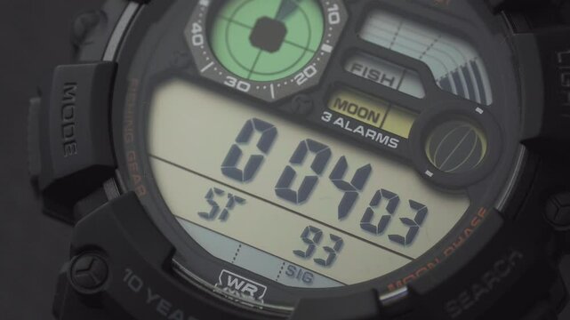 LCD display of a tough sports watch with running timer and stopwatch 
