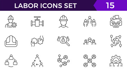 Set of 15 thin line icons related team, teamwork, co-workers, cooperation. Linear busines simple symbol collection. vector illustration.