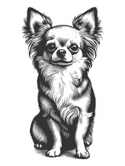 adorable chihuahua standing with a calm expression, detailed fur and a charming, friendly demeanor sketch engraving generative ai raster illustration. Scratch board imitation. Black and white image.