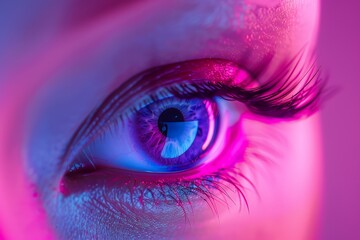 A close-up of a vibrant, colorful eye with dramatic lighting and reflections.