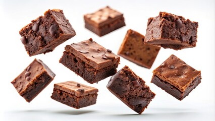 Chocolate brownies flying in mid air, isolated on background