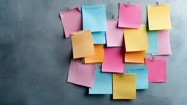 A collection of colorful sticky notes pinned on a textured surface for reminders or tasks.