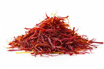 Fototapeta premium Saffron threads piled high on a white background, showcasing their vibrant red color and texture