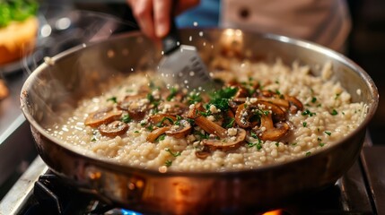 Fototapeta premium Cooking a rich and creamy risotto with mushrooms and Parmesan, stirring in a pot on a home kitchen stovetop