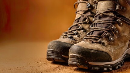 Pair of Dusty Hiking Boots on Brown Background