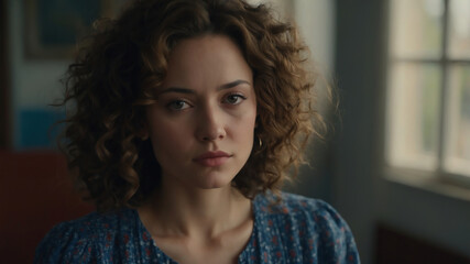 Portrait of a Thoughtful Woman with Curly Hair in Soft Indoor Lighting