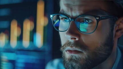 Focused professional analyzing data on computer screen, reflecting graphs on glasses, showing intense concentration in office at night.