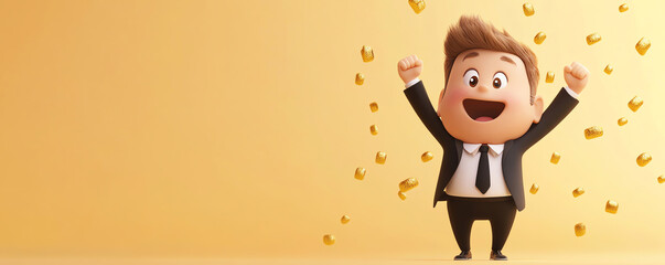 Cheerful cartoon character in a suit celebrating with confetti on a bright background, embodying joy and success.
