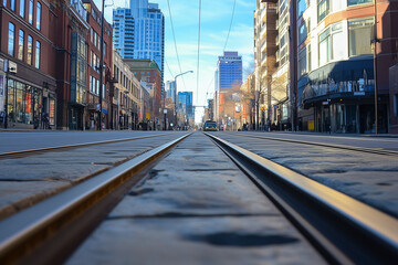 Fototapeta premium Trace Trolley Tracks Embedded in a City Street Extending into the Distance