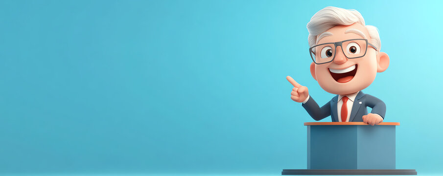 Cheerful cartoon character presenting at a podium with an engaging smile, perfect for educational or promotional materials.