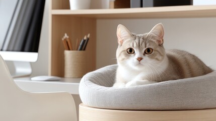 Home office with ergonomic design for pets and owners, featuring a cat bed