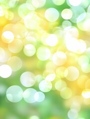Obraz premium Abstract blurred fresh vivid spring summer light delicate pastel yellow green white bokeh background texture with bright circular soft color lights. Beautiful backdrop illustration