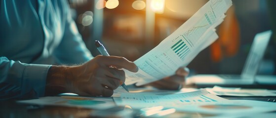 Business person analyzing financial data, reviewing graphs and charts in a modern office setting with warm lighting.