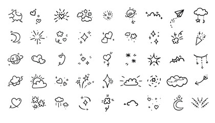 Cute doodles. Set of vector hand drawn doodle clouds, sun, moon, stars, hearts, clouds, stars, sun and other elements