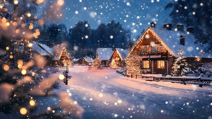 Fototapeta premium A snowy village scene with houses adorned with Christmas lights and decorations