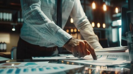 Business professional analyzing financial data on a desk with charts and reports in an office setting, illuminated by warm overhead lighting.