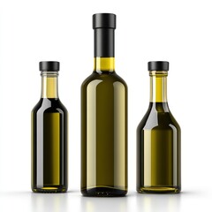 Three bottles of olive oil with a minimalist and modern design arranged against a plain background - AI Generated Digital Art.