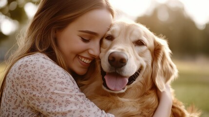 Young woman hugging her golden retriever in a sunlit park