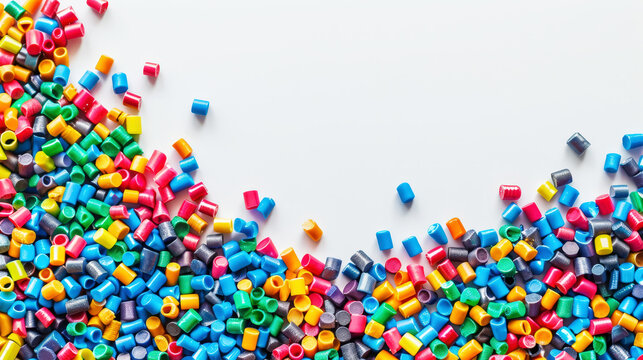 Top view of colorful polymer masterbatch granules, light background, industrial plastic template. Generative AI