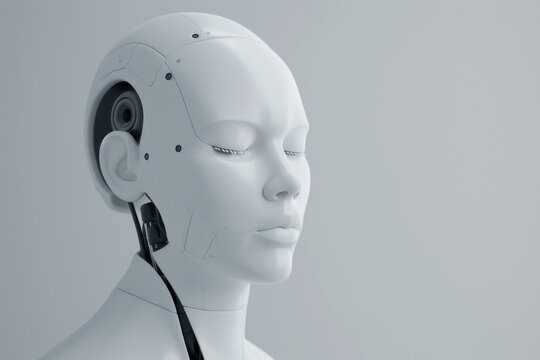 Hyperrealistic 3D render of e-skin-covered humanoid robot. Human-like emotions in studio portrait style. Explores the uncanny valley effect and intersection of advanced robotics and human expression.