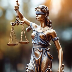 The bronze statue of Lady Justice with blindfold and scales symbolizes justice and law.