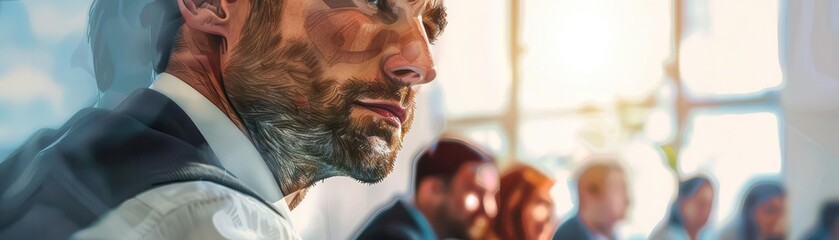Businessman in a formal meeting room with colleagues in a professional environment, showcasing teamwork and corporate engagement.