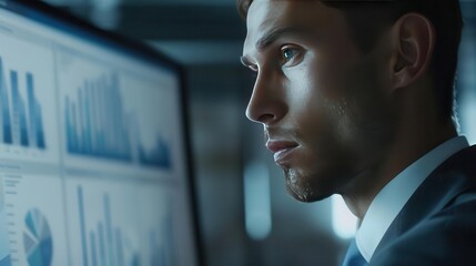 Focused businessman analyzing financial graphs on computer monitor in dark office, highlighting data-driven decisions and market trends.