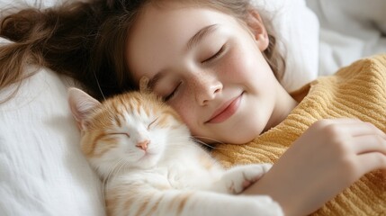 Teenager relaxing on a bed with a kitten nestled on her lap