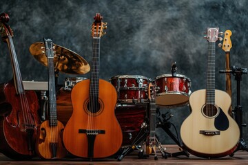 Fototapeta premium An assortment of musical instruments including guitars, a violin, a cello, and drums arranged against a dark backdrop, highlighting the diversity and rich heritage of music.