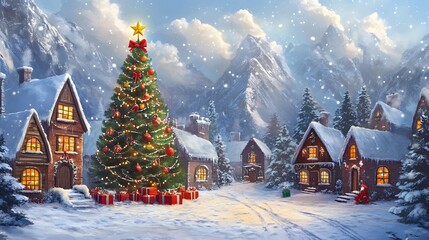 A winter village scene with holiday decorations and a large Christmas tree in the center