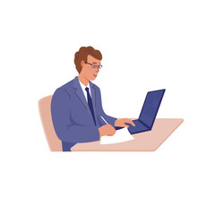 Business man in glasses is writing and working at a laptop. Vector color isolated illustration.	
