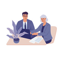 Business woman and man sitting at a table with a computer.Vector color isolated illustration.