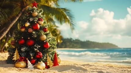 A warm Christmas setting with a decorated tree and tropical-themed ornaments on a beach