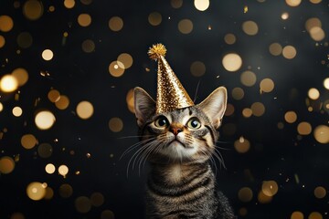 Kitten wearing a gold party hat with festive bokeh lights in the background Generative AI