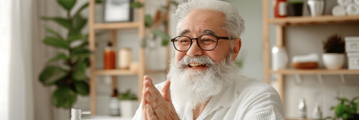 Joyful senior man with glasses and beard clapping his hands., Smiling retired. Lifestyle.