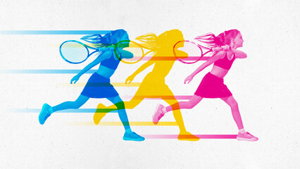 Young girl, tennis player in motion with racket, running to hit ball, with dynamic lines emphasizing speed and energy in game. Contemporary art collage. Concept of sport, active and healthy lifestyle