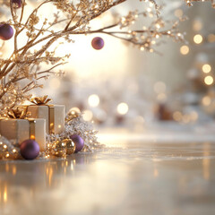 Christmas podium with blurry shiny lights for branding and packaging presentation. Product display with gift boxes, christmas tree, gold purple balls