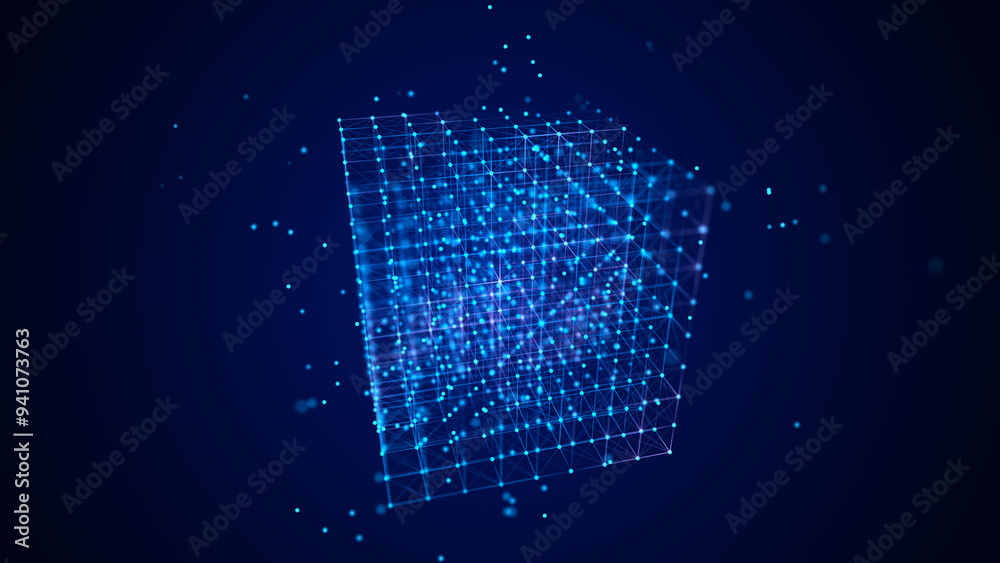 Poster Information storage cells. Abstract background with dots and lines. Network connection structure. Big data digital background. 3D rendering.