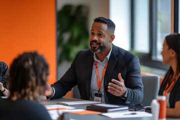 A dynamic business leader captivates his team during a strategic planning session, fostering innovation and collaboration in a modern office. 