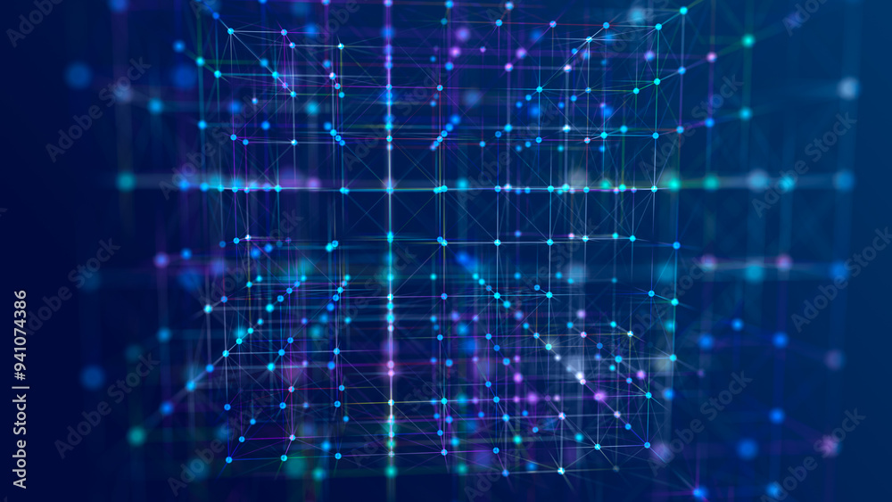 Poster Information storage cells. Abstract background with dots and lines. Network connection structure. Big data digital background. 3D rendering.