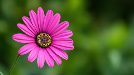 Obraz premium A single bright pink daisy in full bloom, spreading vibrant colors on a simple background. The vibrant petals of a single blooming flower highlight the delicate beauty and uniqueness of the flower.
