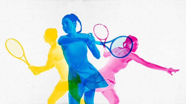 Focused and determined athlete, young woman, tennis player in motion with racket during game, showing motivation to win. Contemporary art collage. Concept of sport, active and healthy lifestyle