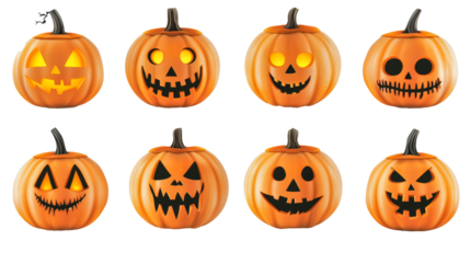 Eight glowing jack-o'-lanterns with various spooky expressions, perfect for Halloween decorations.